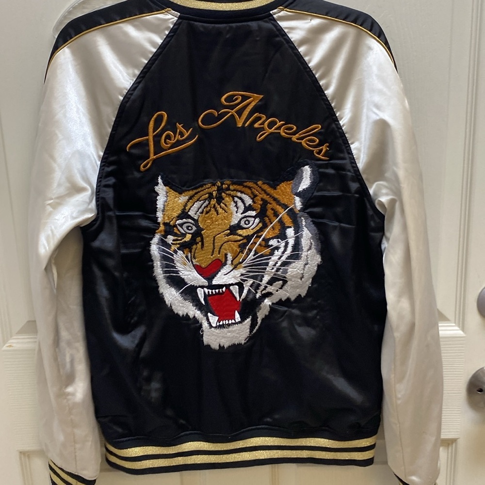 PACSUN Jacket Mens Small Black TIGER LOS ANGELES Satin Bomber Coat Embroidered